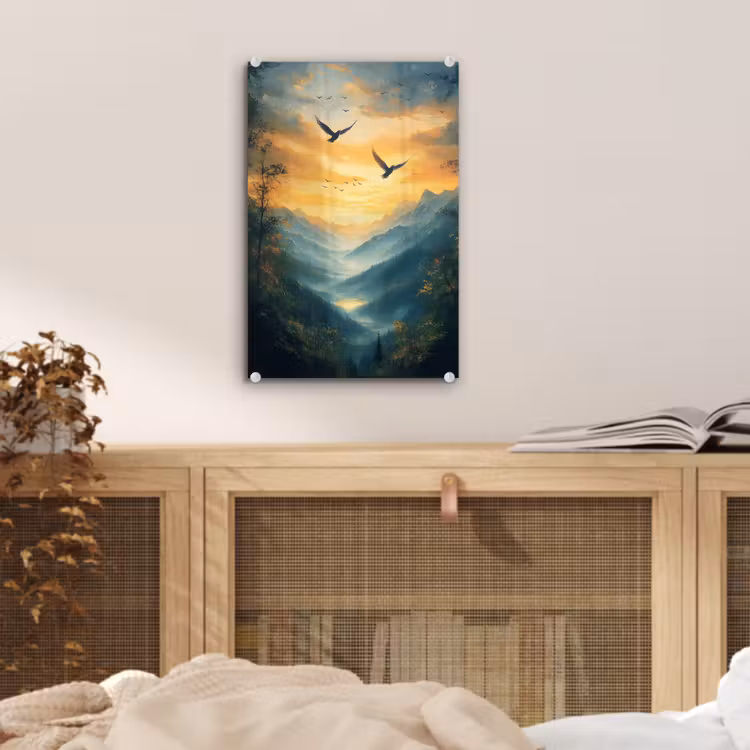Glas schilderij - Vogels - Zon - Bomen - Groen — 5