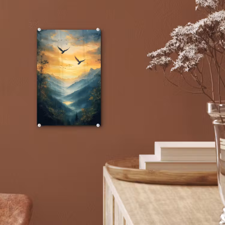 Glas schilderij - Vogels - Zon - Bomen - Groen — 6