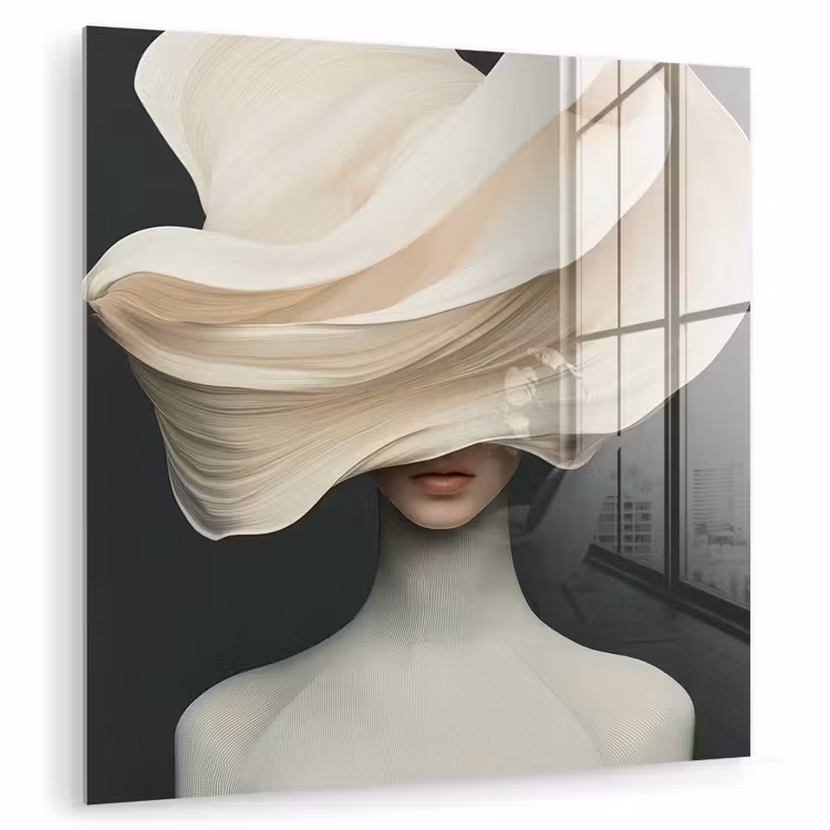 Glas schilderij - Vrouw - Beige - hoed — 1