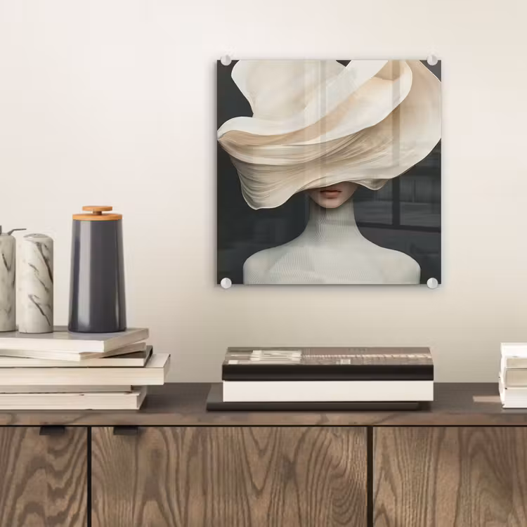 Glas schilderij - Vrouw - Beige - hoed — 2