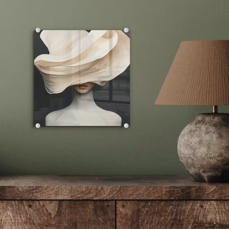 Glas schilderij - Vrouw - Beige - hoed — 4
