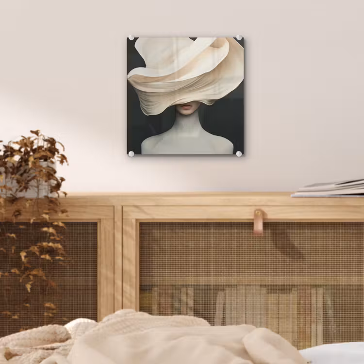 Glas schilderij - Vrouw - Beige - hoed — 5