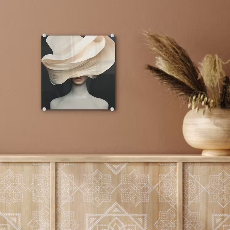 Glas schilderij - Vrouw - Beige - hoed — 6