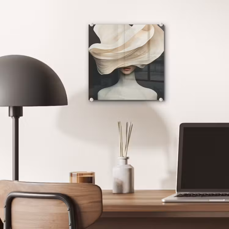Glas schilderij - Vrouw - Beige - hoed — 7