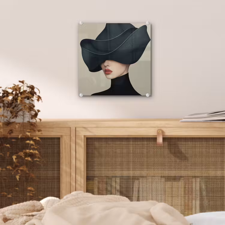 Glas schilderij - Vrouw - Groen - Hoed — 5