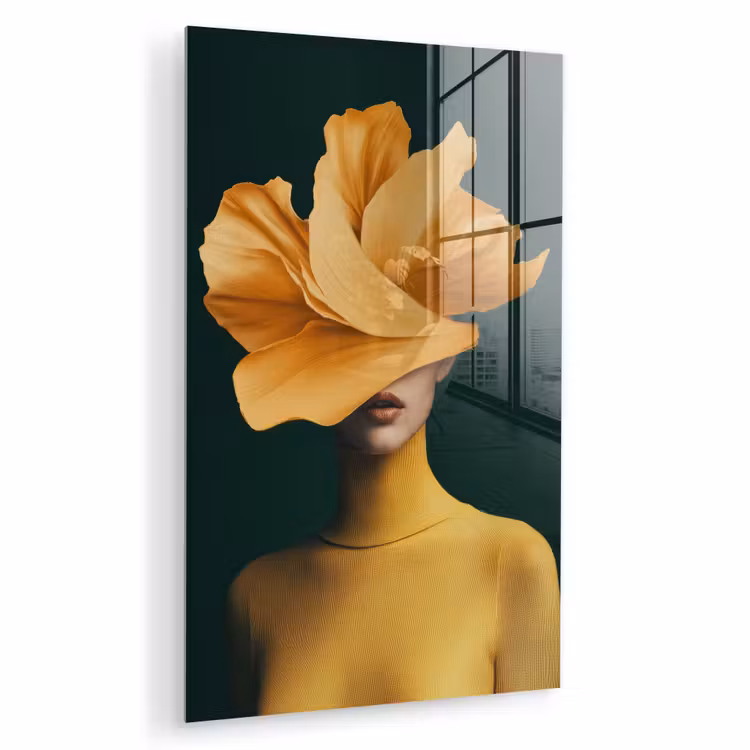 Glas schilderij - Vrouw - Hoed - Geel — 1
