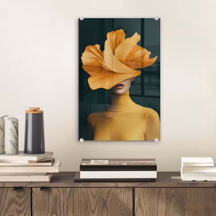 Glas schilderij - Vrouw - Hoed - Geel — 2