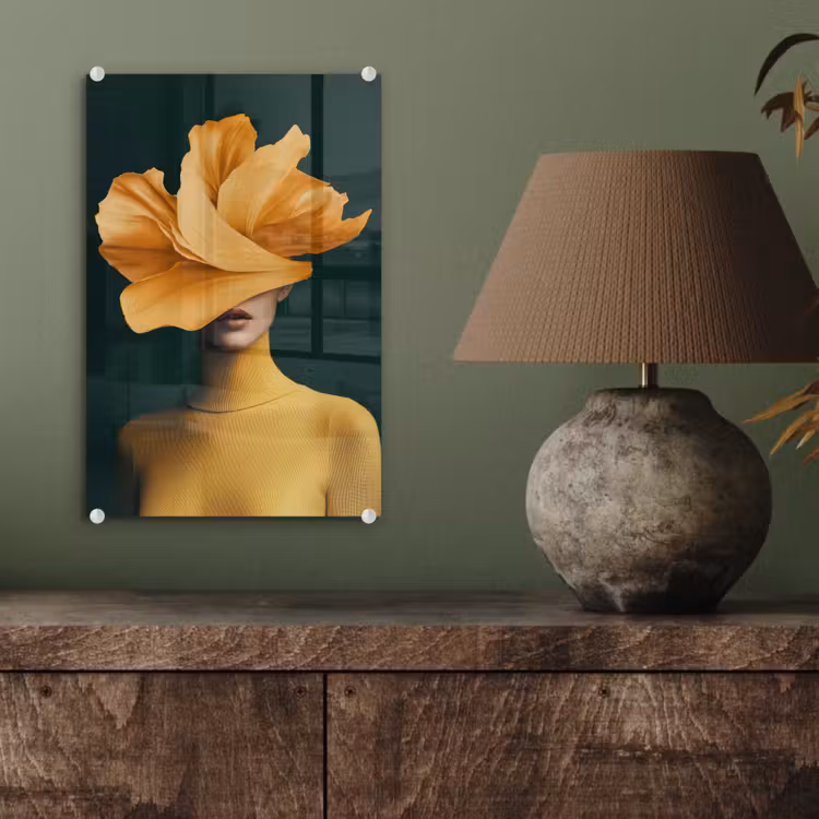 Glas schilderij - Vrouw - Hoed - Geel — 4