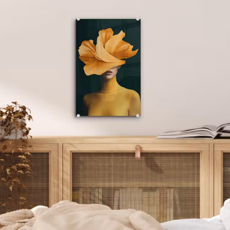 Glas schilderij - Vrouw - Hoed - Geel — 5