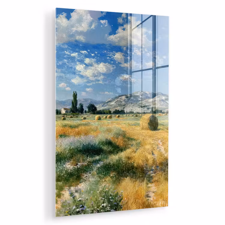 Glas schilderij - Landschap - Strobalen - Bergen - Wolken — 1