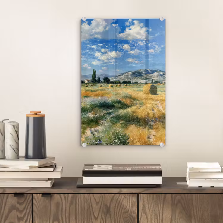 Glas schilderij - Landschap - Strobalen - Bergen - Wolken — 2