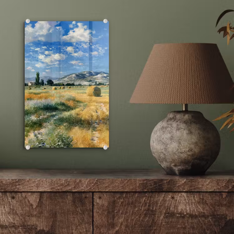 Glas schilderij - Landschap - Strobalen - Bergen - Wolken — 4