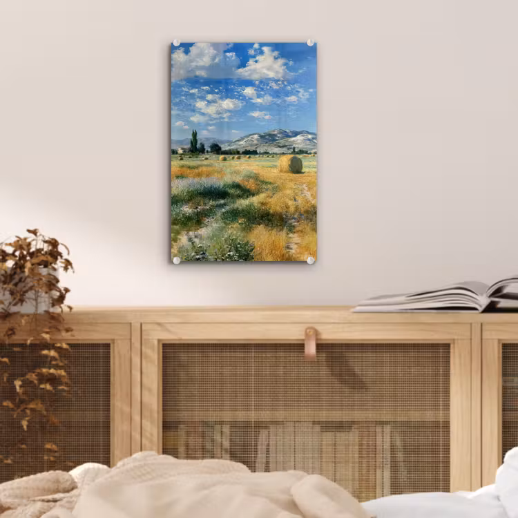 Glas schilderij - Landschap - Strobalen - Bergen - Wolken — 5
