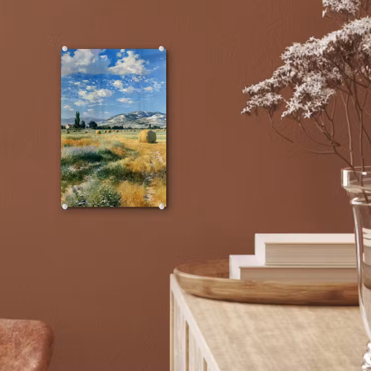 Glas schilderij - Landschap - Strobalen - Bergen - Wolken — 6