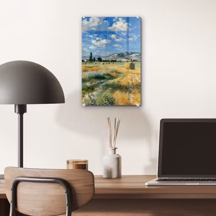 Glas schilderij - Landschap - Strobalen - Bergen - Wolken — 7