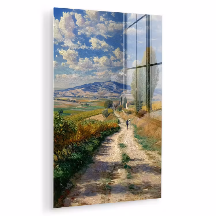 Glas schilderij - Mensen - Wandelen - Zandpad - Velden — 1