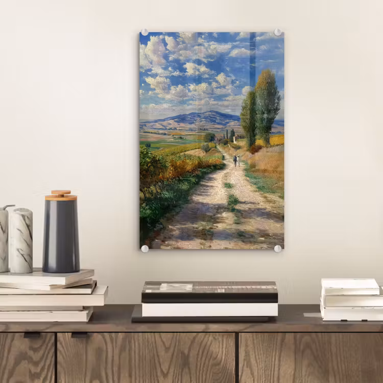 Glas schilderij - Mensen - Wandelen - Zandpad - Velden — 2