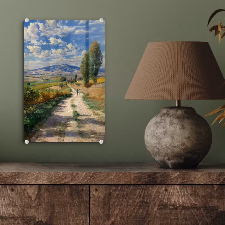 Glas schilderij - Mensen - Wandelen - Zandpad - Velden — 4