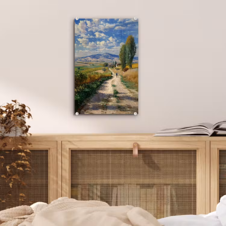 Glas schilderij - Mensen - Wandelen - Zandpad - Velden — 5