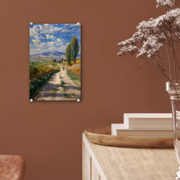 Glas schilderij - Mensen - Wandelen - Zandpad - Velden — 6