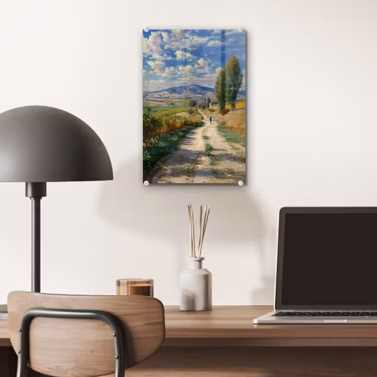 Glas schilderij - Mensen - Wandelen - Zandpad - Velden — 7