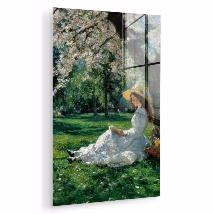 Glas schilderij - Vrouw - Boom - Boek - Mandje — 1