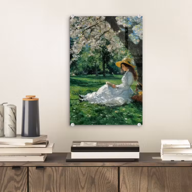 Glas schilderij - Vrouw - Boom - Boek - Mandje — 2