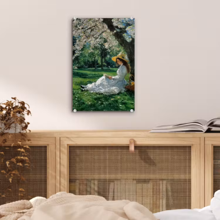 Glas schilderij - Vrouw - Boom - Boek - Mandje — 5