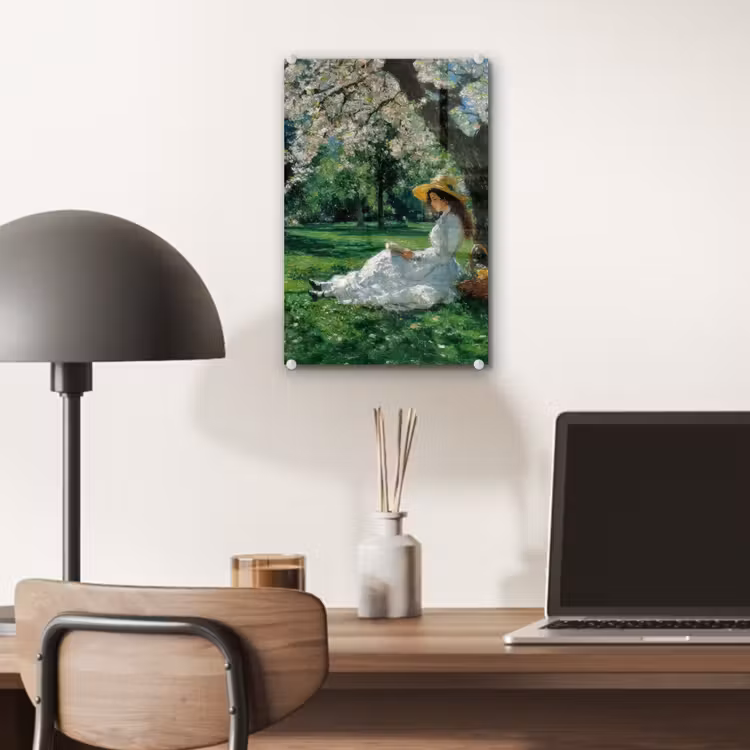 Glas schilderij - Vrouw - Boom - Boek - Mandje — 7