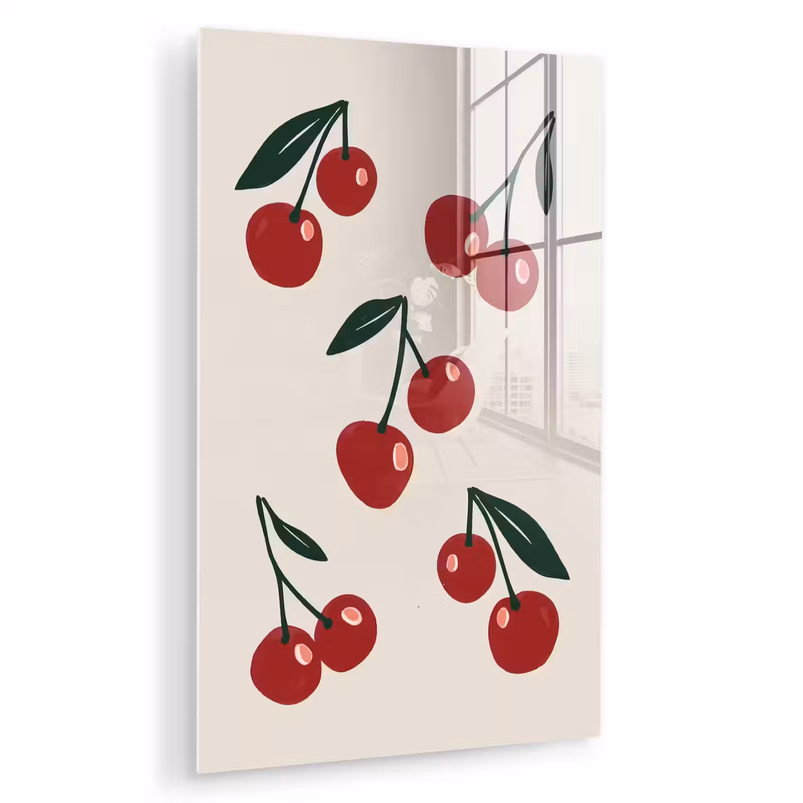 Glas schilderij - Kersen - Blaadjes - Rood — 1