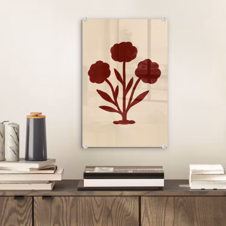 Glas schilderij - Bloemen - Bladeren - Rood - Minimalistisch — 2