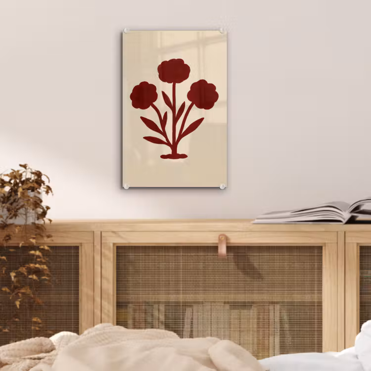 Glas schilderij - Bloemen - Bladeren - Rood - Minimalistisch — 5