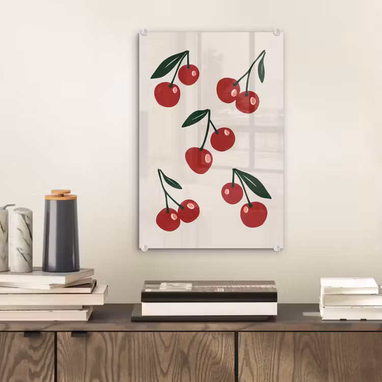 Glas schilderij - Kersen - Blaadjes - Rood — 2