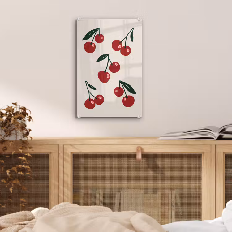 Glas schilderij - Kersen - Blaadjes - Rood — 5