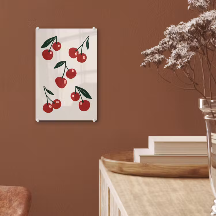 Glas schilderij - Kersen - Blaadjes - Rood — 6