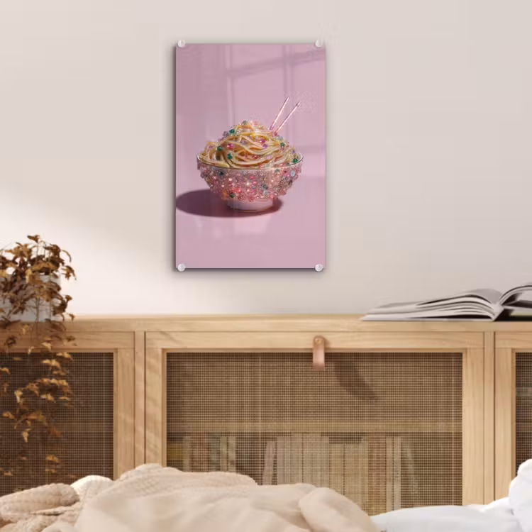 Glas schilderij - Noodles - Edelstenen - Stokjes - Roze — 5