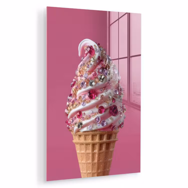 Glas schilderij - Softijs - Edelstenen - Roze - Hoorntje — 1