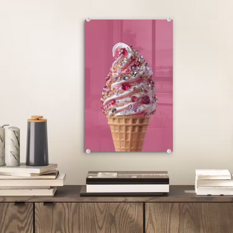 Glas schilderij - Softijs - Edelstenen - Roze - Hoorntje — 2