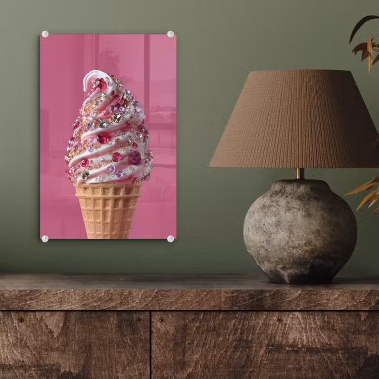 Glas schilderij - Softijs - Edelstenen - Roze - Hoorntje — 4