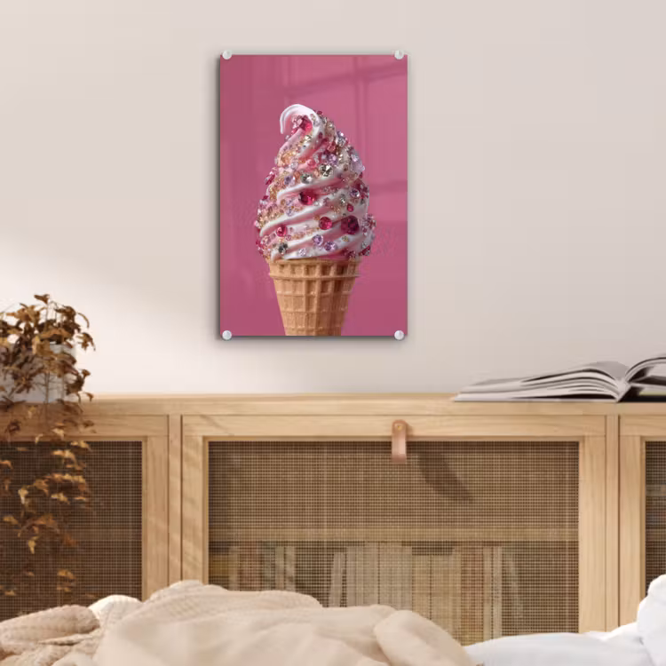 Glas schilderij - Softijs - Edelstenen - Roze - Hoorntje — 5