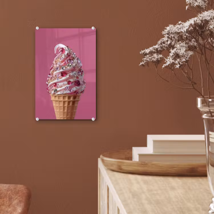 Glas schilderij - Softijs - Edelstenen - Roze - Hoorntje — 6