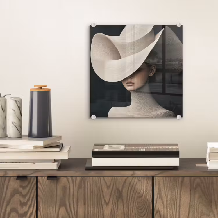 Glas schilderij - Vrouw - Golvende - Hoed — 2