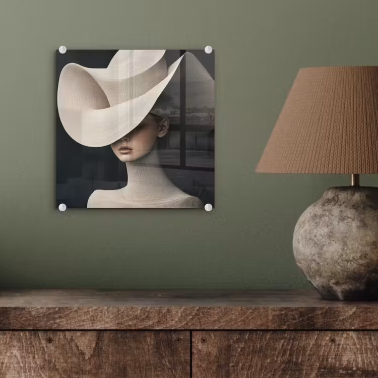 Glas schilderij - Vrouw - Golvende - Hoed — 4