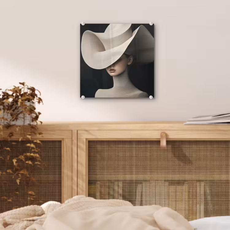 Glas schilderij - Vrouw - Golvende - Hoed — 5