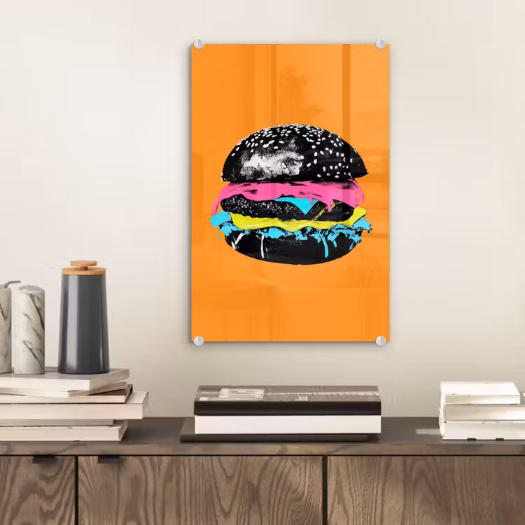 Glas schilderij - Hamburger - Oranje - Neon - popart — 2