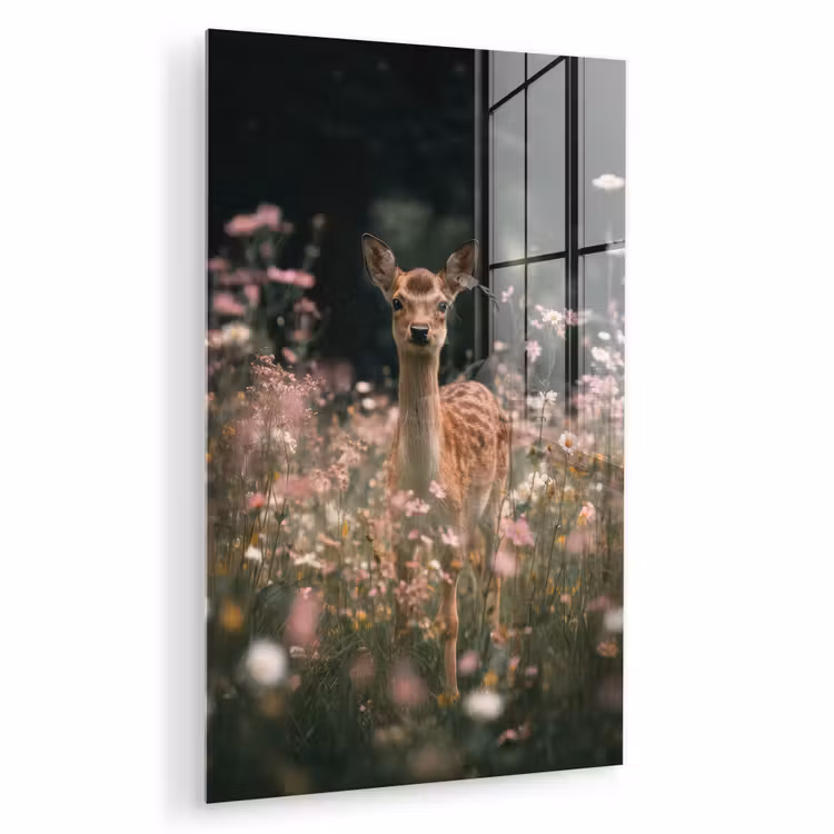 Glas schilderij - Hert - Wilde bloemen - Bos — 1