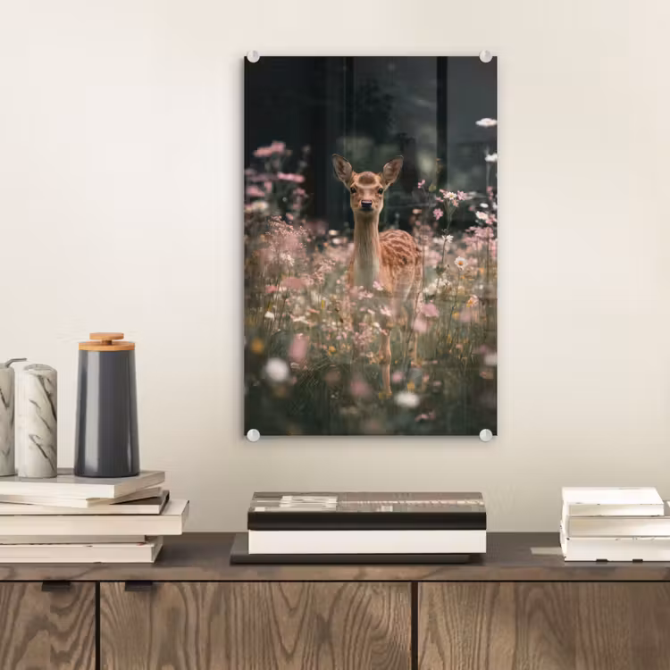 Glas schilderij - Hert - Wilde bloemen - Bos — 2