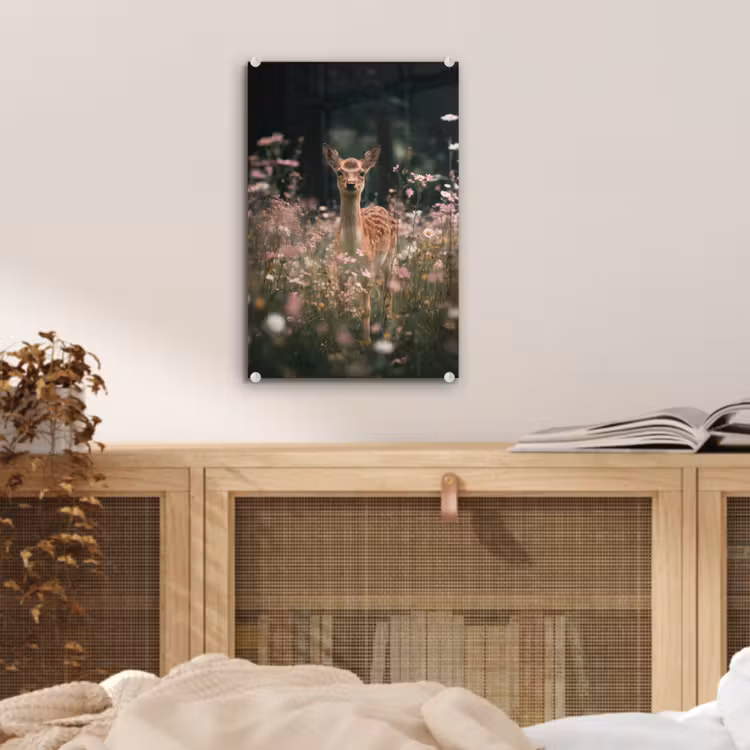 Glas schilderij - Hert - Wilde bloemen - Bos — 5