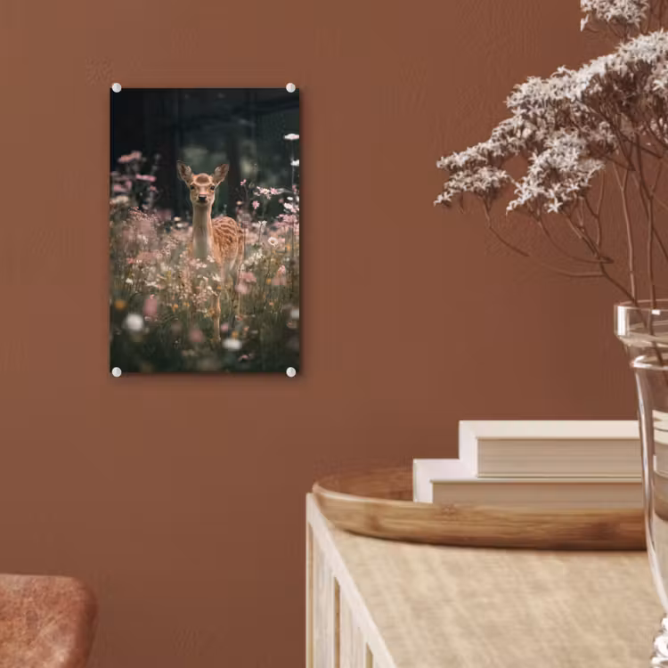 Glas schilderij - Hert - Wilde bloemen - Bos — 6