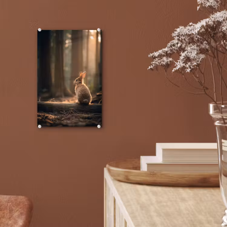 Glas schilderij - Konijn - Bos - Zonnestralen — 6